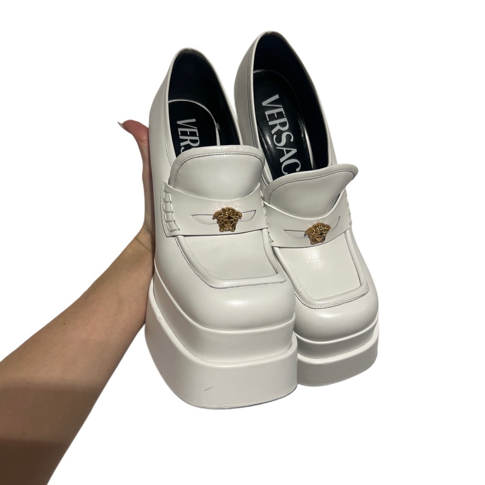 Versace White Platform Loafers with Gold Medusa
